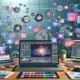 Ein moderner, visueller Social-Media-Arbeitsplatz 2025 mit geöffneter Software für Video, KI-Text, Analytics und Social Feeds auf mehreren Laptops.