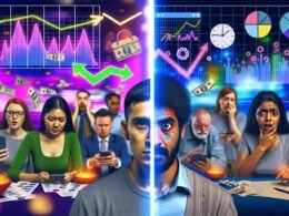 Split-Screen-Collage eines Marketing-Büros: Links moderne Marketer mit bunten Dashboards und Social Media, rechts veraltete Analytics und frustrierte Gesichter, getrennt durch eine Linie.