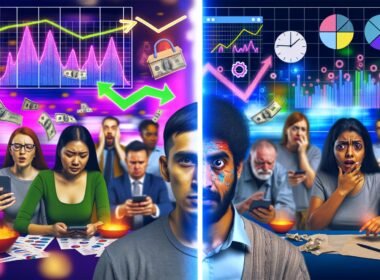 Split-Screen-Collage eines Marketing-Büros: Links moderne Marketer mit bunten Dashboards und Social Media, rechts veraltete Analytics und frustrierte Gesichter, getrennt durch eine Linie.