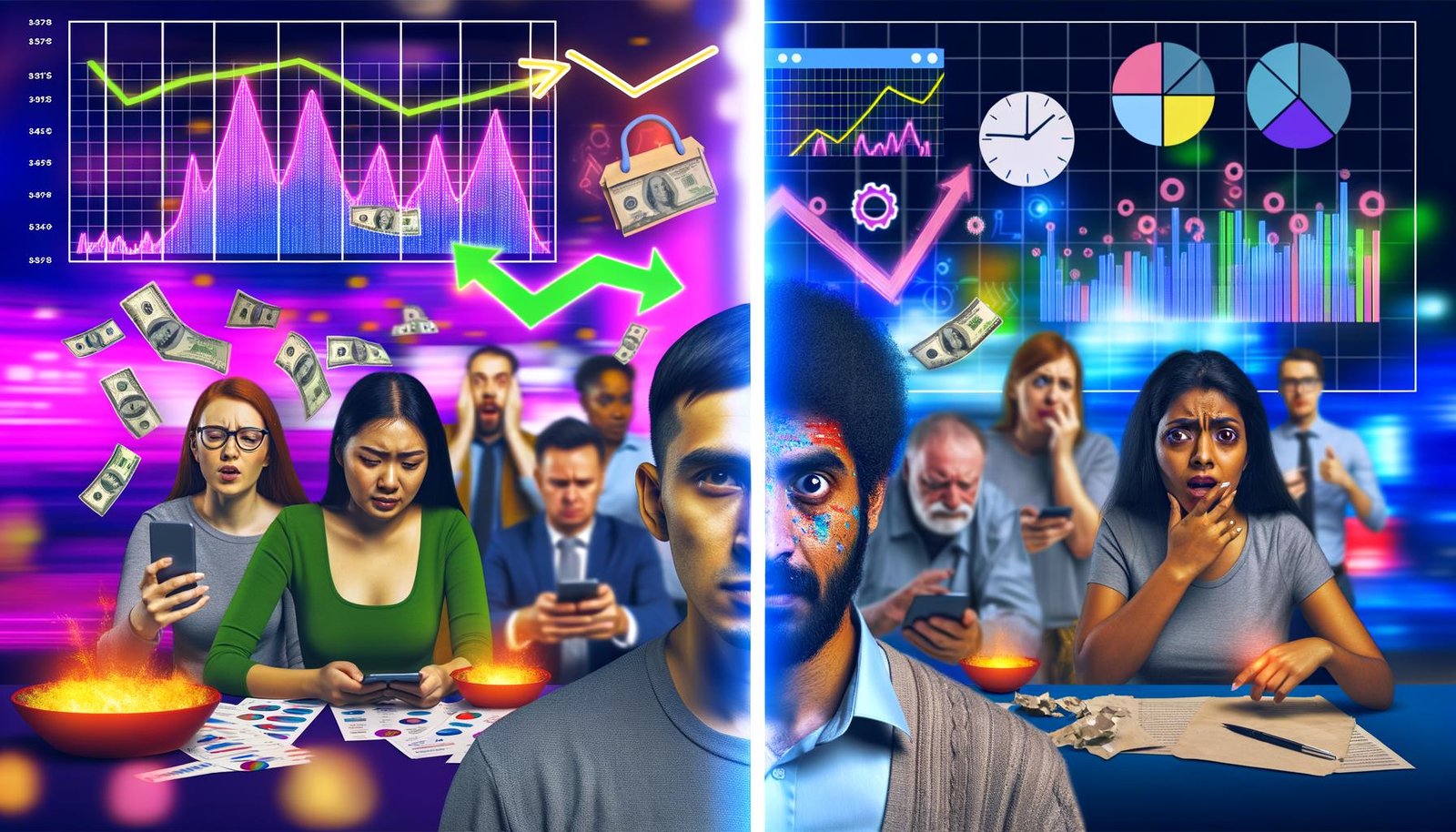 Split-Screen-Collage eines Marketing-Büros: Links moderne Marketer mit bunten Dashboards und Social Media, rechts veraltete Analytics und frustrierte Gesichter, getrennt durch eine Linie.