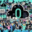 Collage mit OpenAI-Logo im Zentrum, protestierenden Menschen, Codefragmenten, Chatbots und digitalen Wolken mit Social-Media-Icons und Warnzeichen.