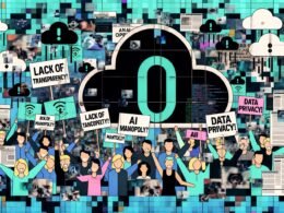 Collage mit OpenAI-Logo im Zentrum, protestierenden Menschen, Codefragmenten, Chatbots und digitalen Wolken mit Social-Media-Icons und Warnzeichen.