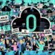 Collage mit OpenAI-Logo im Zentrum, protestierenden Menschen, Codefragmenten, Chatbots und digitalen Wolken mit Social-Media-Icons und Warnzeichen.