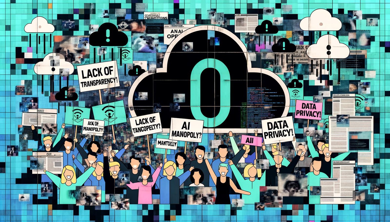 Collage mit OpenAI-Logo im Zentrum, protestierenden Menschen, Codefragmenten, Chatbots und digitalen Wolken mit Social-Media-Icons und Warnzeichen.