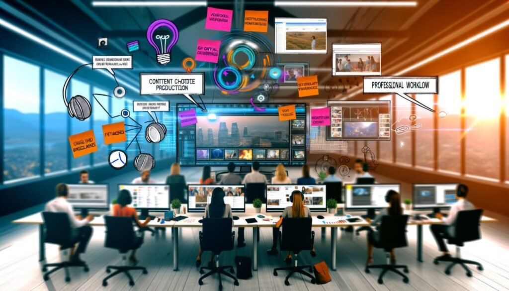 Modernes Content-Produktionsteam 2024 an digitalen Arbeitsplätzen mit mehreren Monitoren, Social-Media-Plattformen, Workflow-Tools und Kreativmaterialien.