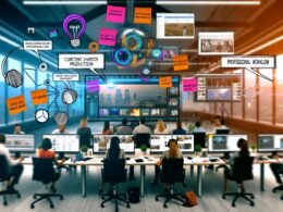 Modernes Content-Produktionsteam 2024 an digitalen Arbeitsplätzen mit mehreren Monitoren, Social-Media-Plattformen, Workflow-Tools und Kreativmaterialien.
