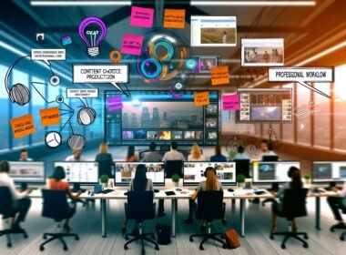 Modernes Content-Produktionsteam 2024 an digitalen Arbeitsplätzen mit mehreren Monitoren, Social-Media-Plattformen, Workflow-Tools und Kreativmaterialien.
