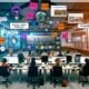 Modernes Content-Produktionsteam 2024 an digitalen Arbeitsplätzen mit mehreren Monitoren, Social-Media-Plattformen, Workflow-Tools und Kreativmaterialien.