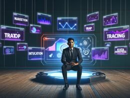 Marketer in modernem Büro, umgeben von digitalen Charts, KPI- und Analyse-Grafiken, mit verblassenden alten Kampagnenpostern im Hintergrund.