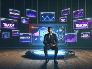 Marketer in modernem Büro, umgeben von digitalen Charts, KPI- und Analyse-Grafiken, mit verblassenden alten Kampagnenpostern im Hintergrund.
