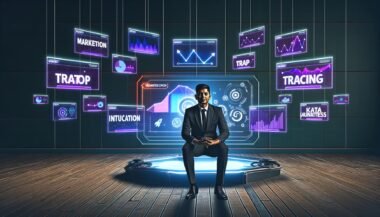 Marketer in modernem Büro, umgeben von digitalen Charts, KPI- und Analyse-Grafiken, mit verblassenden alten Kampagnenpostern im Hintergrund.