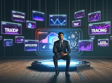 Marketer in modernem Büro, umgeben von digitalen Charts, KPI- und Analyse-Grafiken, mit verblassenden alten Kampagnenpostern im Hintergrund.
