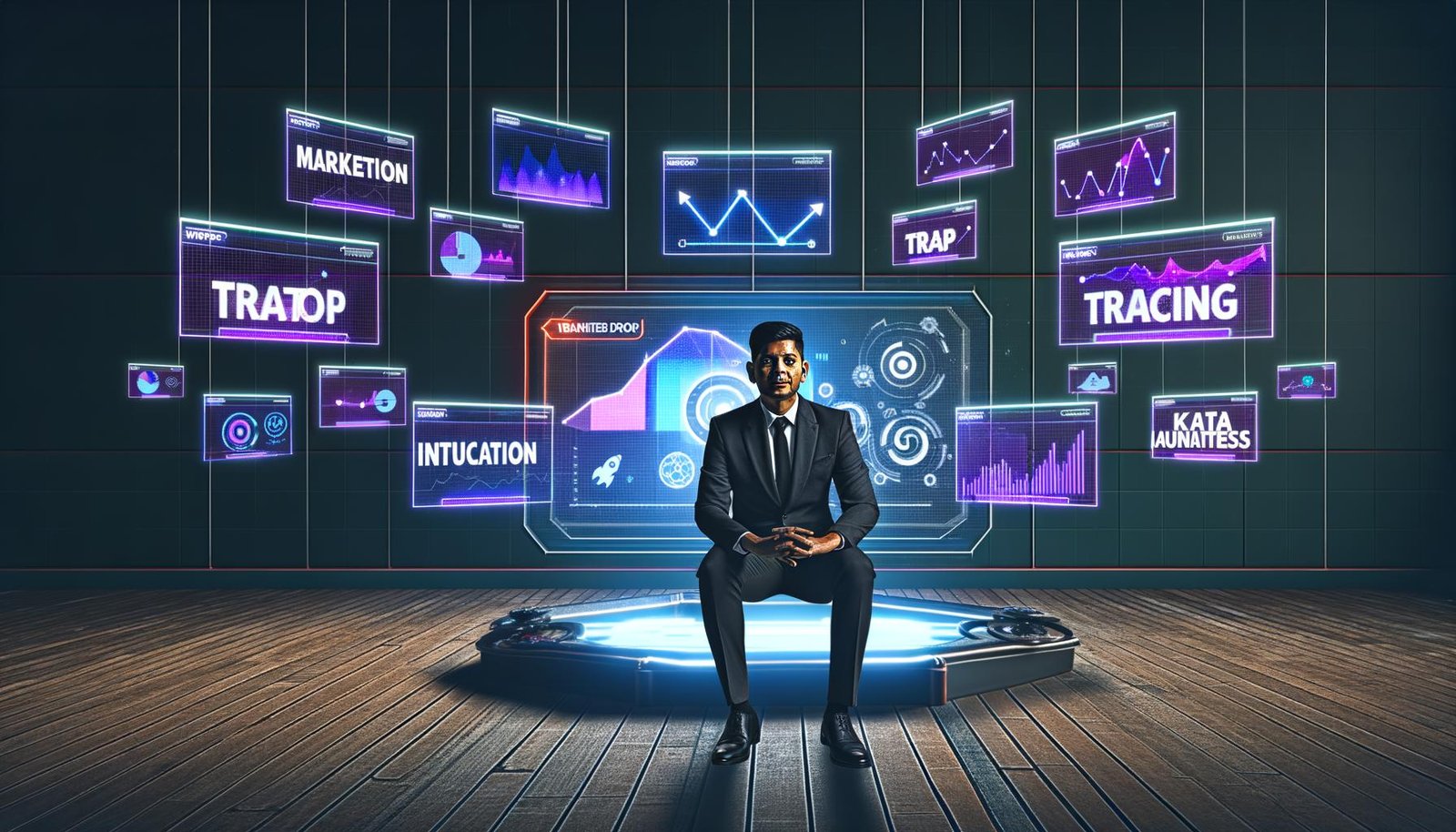 Marketer in modernem Büro, umgeben von digitalen Charts, KPI- und Analyse-Grafiken, mit verblassenden alten Kampagnenpostern im Hintergrund.