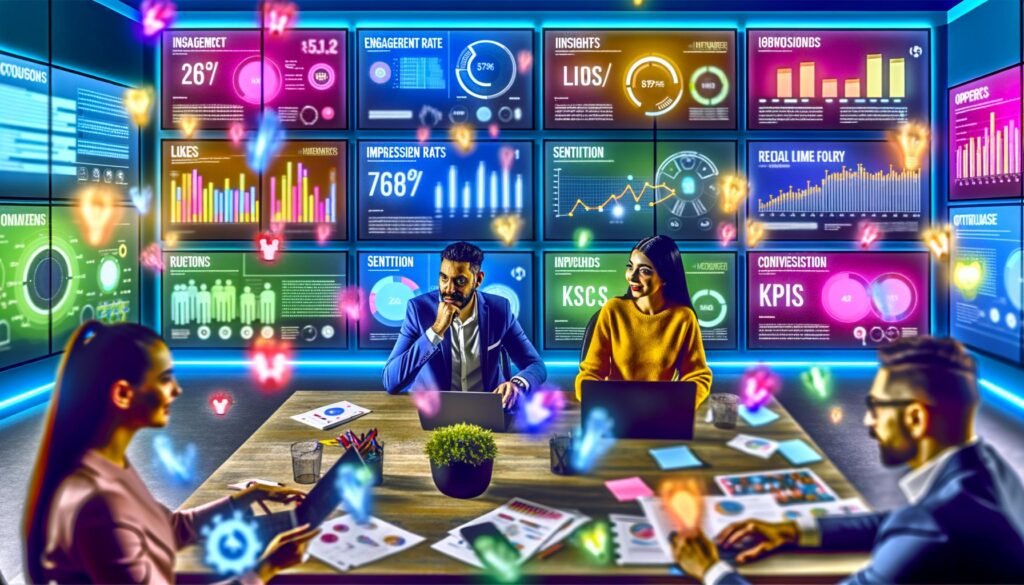 Zwei Social Media Marketer analysieren Social Media Daten und KPIs an großen Monitoren in einem farbenfrohen, modernen Büro mit hervorgehobenen Insights und Reaktionen im Hintergrund.