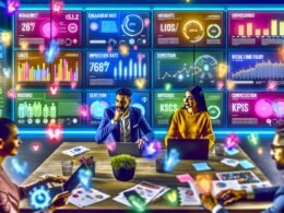 Zwei Social Media Marketer analysieren Social Media Daten und KPIs an großen Monitoren in einem farbenfrohen, modernen Büro mit hervorgehobenen Insights und Reaktionen im Hintergrund.