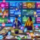 Zwei Social Media Marketer analysieren Social Media Daten und KPIs an großen Monitoren in einem farbenfrohen, modernen Büro mit hervorgehobenen Insights und Reaktionen im Hintergrund.