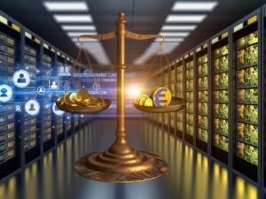 Maschinenraum mit Datenservern, Marketer:innen vor Dashboards, goldene Datenströme, Waage mit Ethik-Ikone und Münzen, Symbole für Datenschutz und Fairness im Hintergrund.
