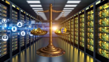Maschinenraum mit Datenservern, Marketer:innen vor Dashboards, goldene Datenströme, Waage mit Ethik-Ikone und Münzen, Symbole für Datenschutz und Fairness im Hintergrund.