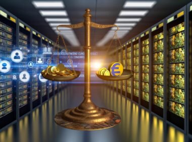 Maschinenraum mit Datenservern, Marketer:innen vor Dashboards, goldene Datenströme, Waage mit Ethik-Ikone und Münzen, Symbole für Datenschutz und Fairness im Hintergrund.