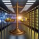 Maschinenraum mit Datenservern, Marketer:innen vor Dashboards, goldene Datenströme, Waage mit Ethik-Ikone und Münzen, Symbole für Datenschutz und Fairness im Hintergrund.