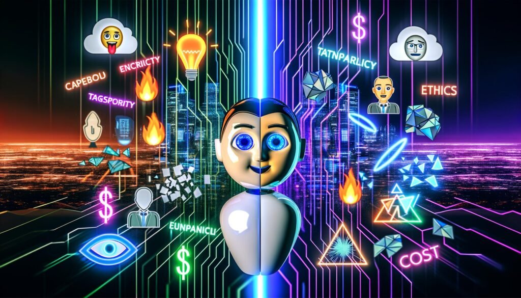 Editorial-Collage mit Chatbot-Avatar, links OpenAI-Hype mit Neonlichtern und jubelnden Menschen, rechts Kritiker, Datenschutz-Icons und zersplitterte Spiegel, im Hintergrund futuristische Skylines und digitale Algorithmen, verbunden durch einen Lichtstrahl.