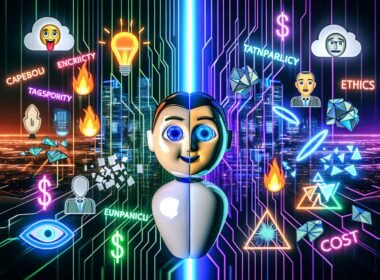 Editorial-Collage mit Chatbot-Avatar, links OpenAI-Hype mit Neonlichtern und jubelnden Menschen, rechts Kritiker, Datenschutz-Icons und zersplitterte Spiegel, im Hintergrund futuristische Skylines und digitale Algorithmen, verbunden durch einen Lichtstrahl.