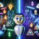 Editorial-Collage mit Chatbot-Avatar, links OpenAI-Hype mit Neonlichtern und jubelnden Menschen, rechts Kritiker, Datenschutz-Icons und zersplitterte Spiegel, im Hintergrund futuristische Skylines und digitale Algorithmen, verbunden durch einen Lichtstrahl.