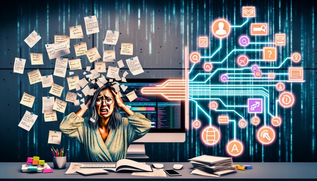 Illustration eines Social Media Managers zwischen Papierchaos und automatisierten Beiträgen, verbunden mit Schaltplan-Visualisierung, Splitscreen für Kreativität versus Automatisierung, dynamischen Dashboards, Step-by-Step-Prozess und aufmerksamkeitsstarker Darstellung der Risiken und Best Practices im Social Media Management.