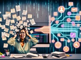 Illustration eines Social Media Managers zwischen Papierchaos und automatisierten Beiträgen, verbunden mit Schaltplan-Visualisierung, Splitscreen für Kreativität versus Automatisierung, dynamischen Dashboards, Step-by-Step-Prozess und aufmerksamkeitsstarker Darstellung der Risiken und Best Practices im Social Media Management.