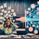 Illustration eines Social Media Managers zwischen Papierchaos und automatisierten Beiträgen, verbunden mit Schaltplan-Visualisierung, Splitscreen für Kreativität versus Automatisierung, dynamischen Dashboards, Step-by-Step-Prozess und aufmerksamkeitsstarker Darstellung der Risiken und Best Practices im Social Media Management.