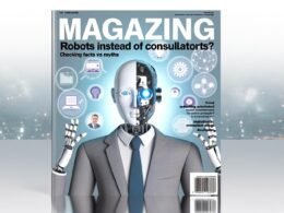 Magazin-Cover mit humanoidem Roboter in Business-Kleidung, halb aus Metall, halb menschlich, umgeben von digitalen Icons wie KI, Automation und Marketing, gegenüber einem menschlichen Berater und einem Roboterarm mit Touchscreen, auf licht-blau-grauem Hintergrund.