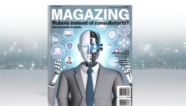 Magazin-Cover mit humanoidem Roboter in Business-Kleidung, halb aus Metall, halb menschlich, umgeben von digitalen Icons wie KI, Automation und Marketing, gegenüber einem menschlichen Berater und einem Roboterarm mit Touchscreen, auf licht-blau-grauem Hintergrund.