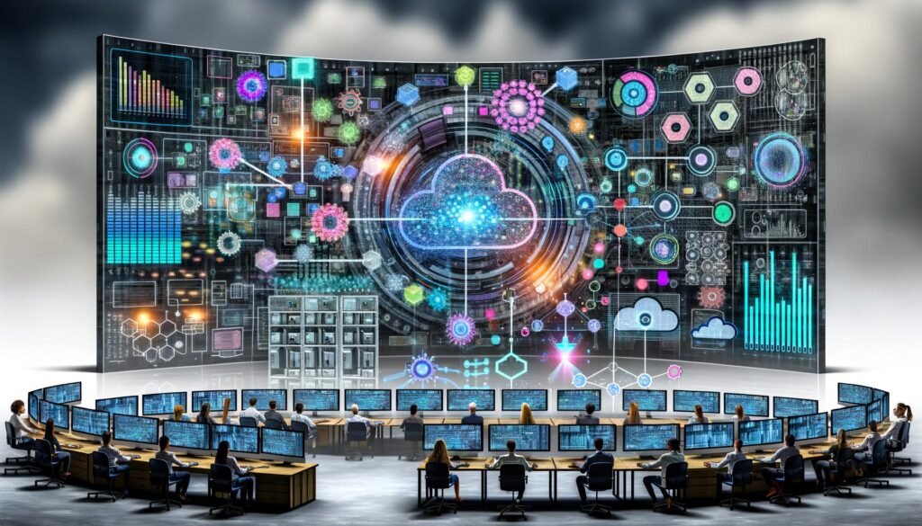 Visualisierung eines digitalen Ökosystems: Marketer und Data Scientists arbeiten an Dashboards, verbunden mit Datenquellen, moderner Cloud-Architektur, automatisierten Marketingprozessen und sicheren Datensystemen – ergänzt durch Retail- und B2B-Szenarien sowie einem Beispiel für gescheiterte Datenstrategie.