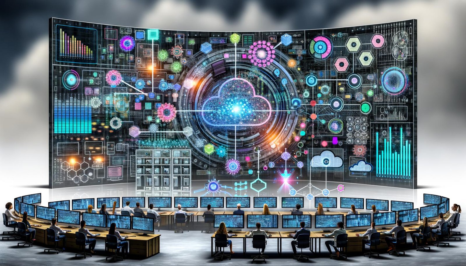 Visualisierung eines digitalen Ökosystems: Marketer und Data Scientists arbeiten an Dashboards, verbunden mit Datenquellen, moderner Cloud-Architektur, automatisierten Marketingprozessen und sicheren Datensystemen – ergänzt durch Retail- und B2B-Szenarien sowie einem Beispiel für gescheiterte Datenstrategie.