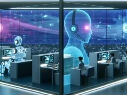 Humanoide Roboter und digitalisierte menschliche Berater arbeiten nebeneinander in einem futuristischen Callcenter mit Glaswand und Neonanzeigen.