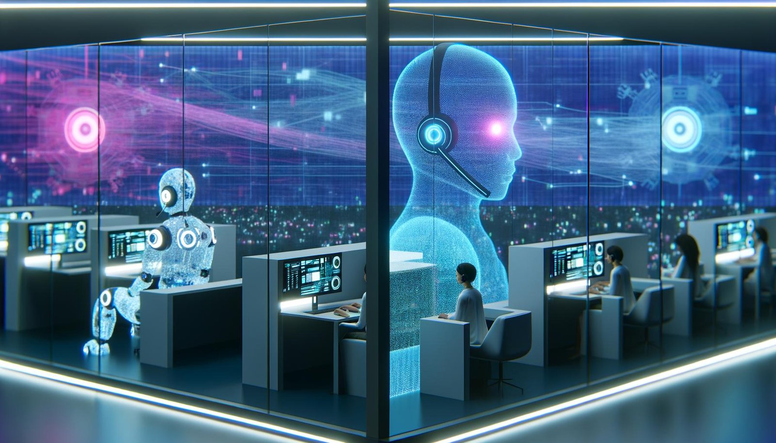 Humanoide Roboter und digitalisierte menschliche Berater arbeiten nebeneinander in einem futuristischen Callcenter mit Glaswand und Neonanzeigen.