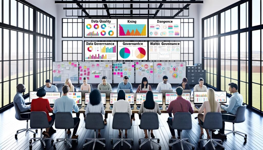 Team aus diversen Marketer:innen arbeitet konzentriert an Laptops in einem modernen Büro mit vielen Bildschirmen, Daten- und Analytics-Dashboards sowie Postern zu Data Quality und Compliance.