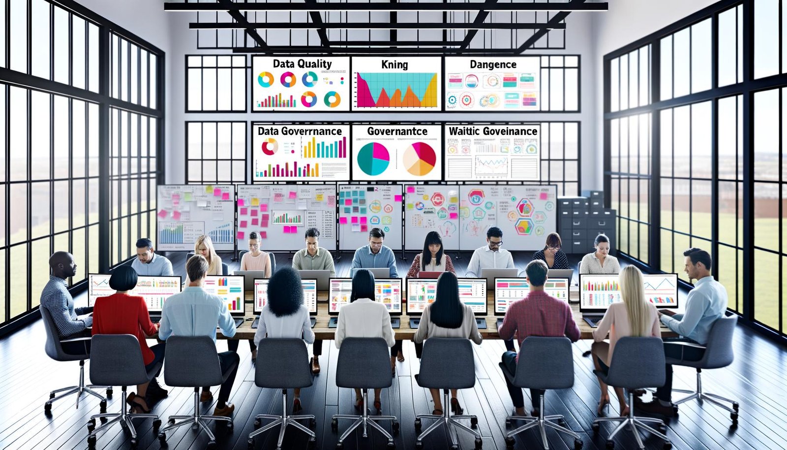 Team aus diversen Marketer:innen arbeitet konzentriert an Laptops in einem modernen Büro mit vielen Bildschirmen, Daten- und Analytics-Dashboards sowie Postern zu Data Quality und Compliance.