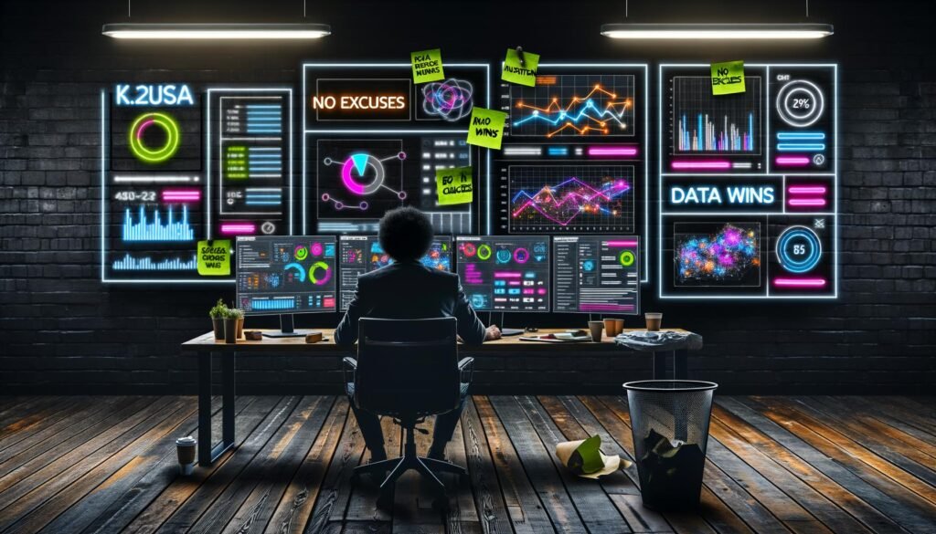 Marketer vor Monitoren voller bunter Daten-Grafiken und KPIs in einem stilvollen, angespannten Loft-Office mit digitalen Zahlen als Neon-Overlay.