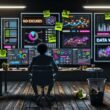 Marketer vor Monitoren voller bunter Daten-Grafiken und KPIs in einem stilvollen, angespannten Loft-Office mit digitalen Zahlen als Neon-Overlay.
