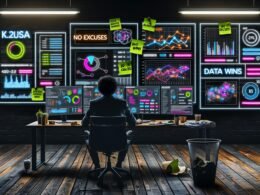 Marketer vor Monitoren voller bunter Daten-Grafiken und KPIs in einem stilvollen, angespannten Loft-Office mit digitalen Zahlen als Neon-Overlay.