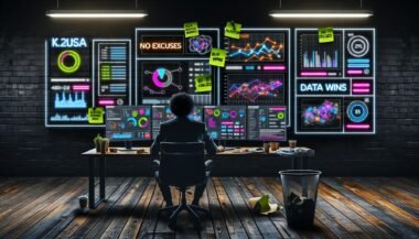 Marketer vor Monitoren voller bunter Daten-Grafiken und KPIs in einem stilvollen, angespannten Loft-Office mit digitalen Zahlen als Neon-Overlay.