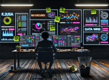 Marketer vor Monitoren voller bunter Daten-Grafiken und KPIs in einem stilvollen, angespannten Loft-Office mit digitalen Zahlen als Neon-Overlay.