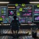 Marketer vor Monitoren voller bunter Daten-Grafiken und KPIs in einem stilvollen, angespannten Loft-Office mit digitalen Zahlen als Neon-Overlay.