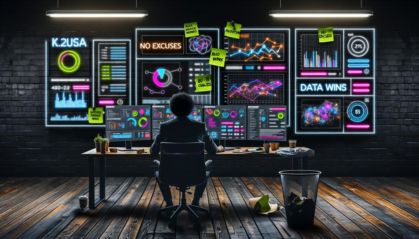 Marketer vor Monitoren voller bunter Daten-Grafiken und KPIs in einem stilvollen, angespannten Loft-Office mit digitalen Zahlen als Neon-Overlay.