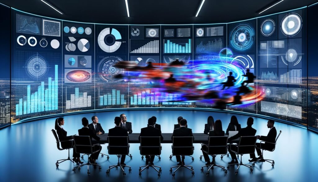 Futuristisches Büro mit Team von Marketern, die digitale Dashboards und Datenanalysen in der Luft betrachten, klassische Flipcharts und Marketing-Handbücher liegen unbeachtet im Hintergrund.