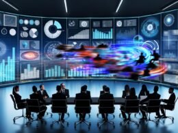 Futuristisches Büro mit Team von Marketern, die digitale Dashboards und Datenanalysen in der Luft betrachten, klassische Flipcharts und Marketing-Handbücher liegen unbeachtet im Hintergrund.
