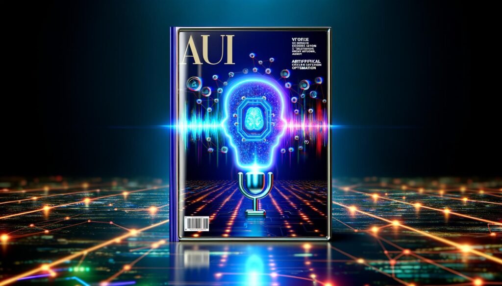 Modernes Titelbild mit Smartphone und geöffneter Clubhouse-App, digitalisierten Schallwellen und KI-Symbolen vor einer vernetzten Stadt bei Nacht in Neon-Blau.