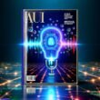 Modernes Titelbild mit Smartphone und geöffneter Clubhouse-App, digitalisierten Schallwellen und KI-Symbolen vor einer vernetzten Stadt bei Nacht in Neon-Blau.