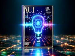 Modernes Titelbild mit Smartphone und geöffneter Clubhouse-App, digitalisierten Schallwellen und KI-Symbolen vor einer vernetzten Stadt bei Nacht in Neon-Blau.